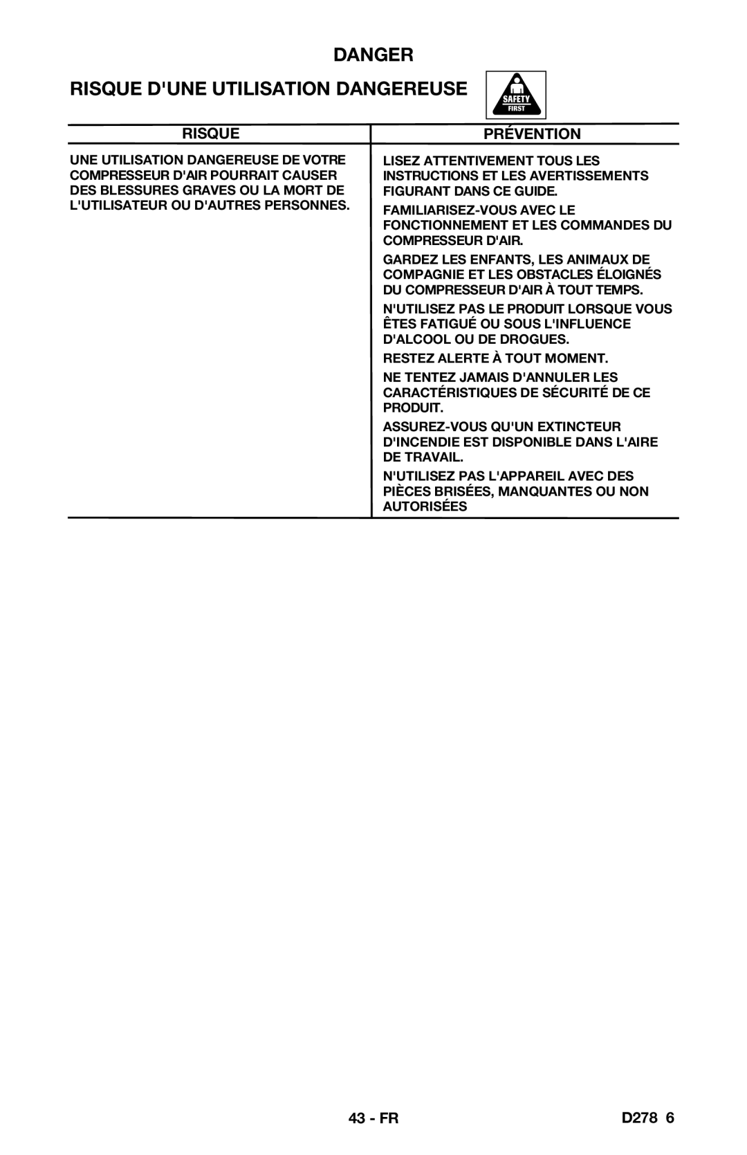 Porter-Cable CPFAC2600P instruction manual Risque Dune Utilisation Dangereuse 