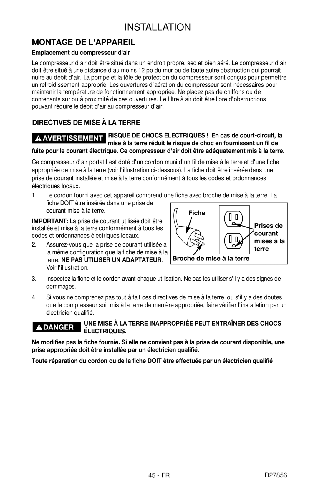 Porter-Cable CPFAC2600P instruction manual Montage DE Lappareil, Directives DE Mise À LA Terre 