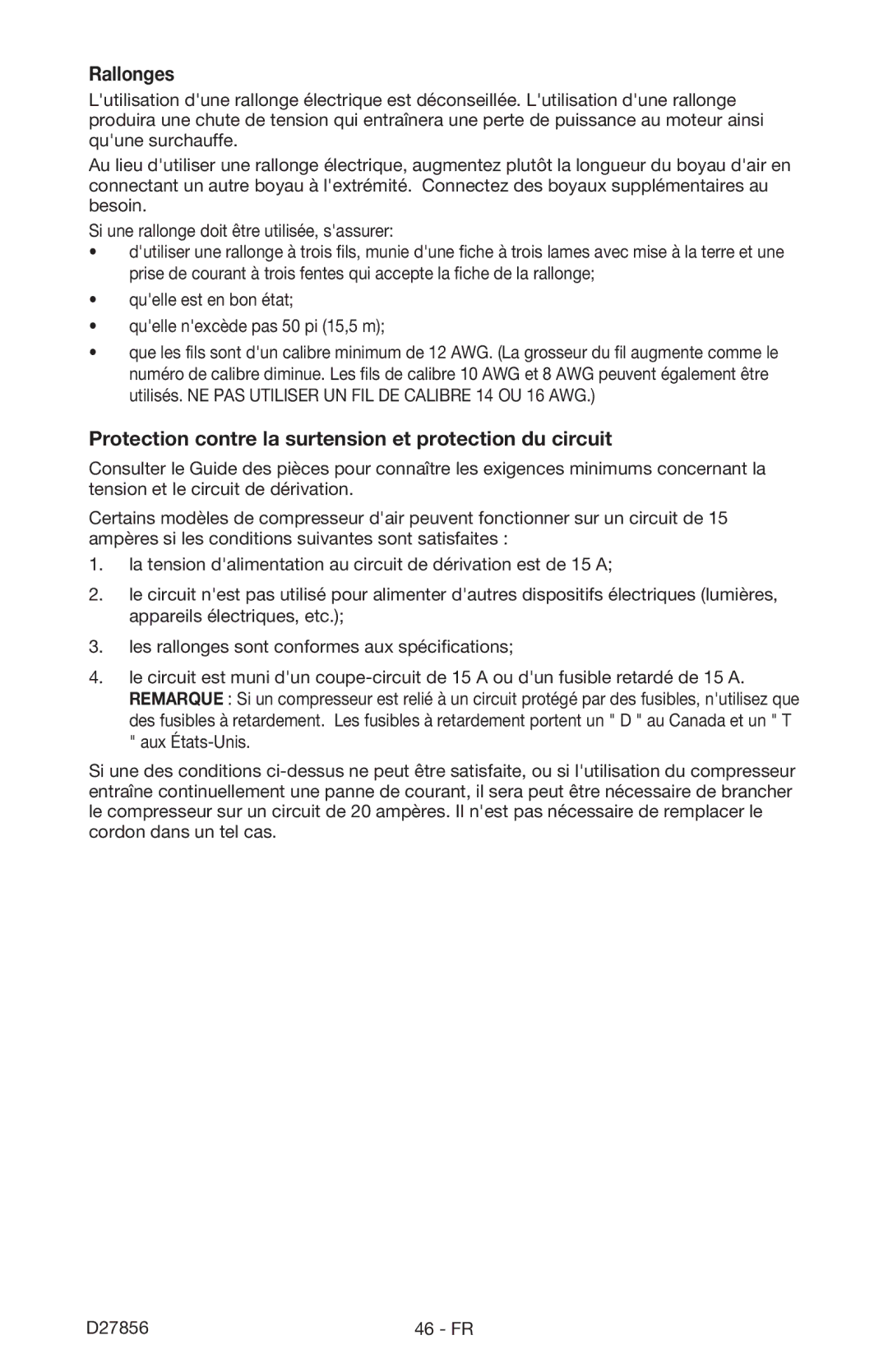 Porter-Cable CPFAC2600P instruction manual Rallonges, Protection contre la surtension et protection du circuit 