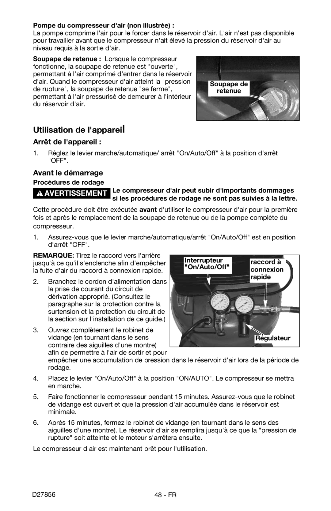 Porter-Cable CPFAC2600P instruction manual Utilisation de lappareil, Arrêt de lappareil, Avant le démarrage 