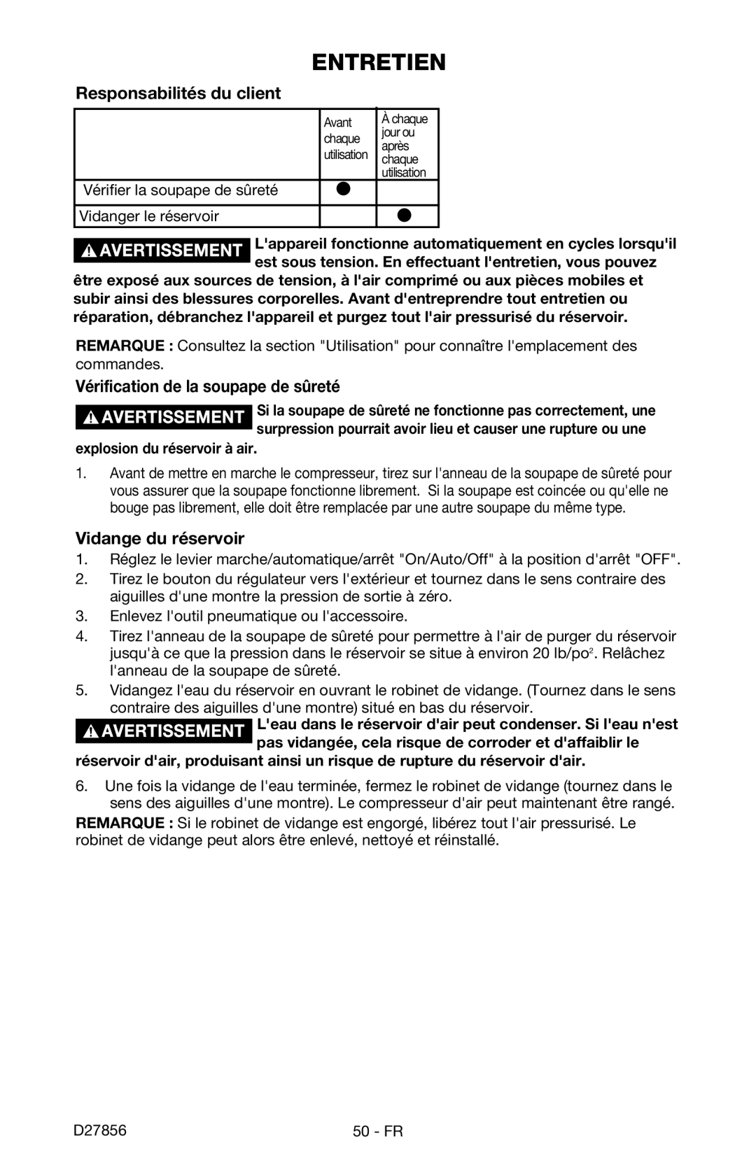 Porter-Cable CPFAC2600P Entretien, Responsabilités du client, Vérification de la soupape de sûreté, Vidange du réservoir 