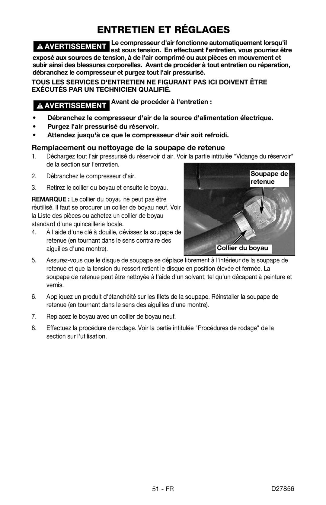 Porter-Cable CPFAC2600P instruction manual Entretien ET Réglages, Remplacement ou nettoyage de la soupape de retenue 