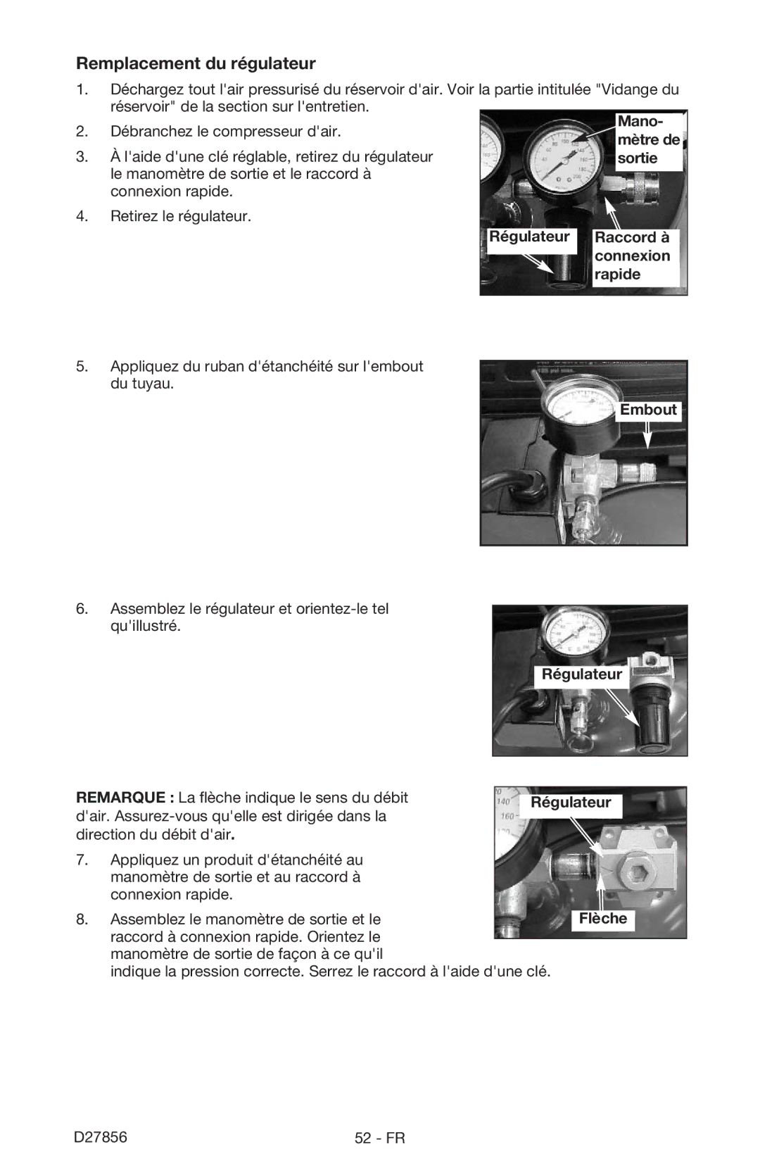 Porter-Cable CPFAC2600P instruction manual Remplacement du régulateur 