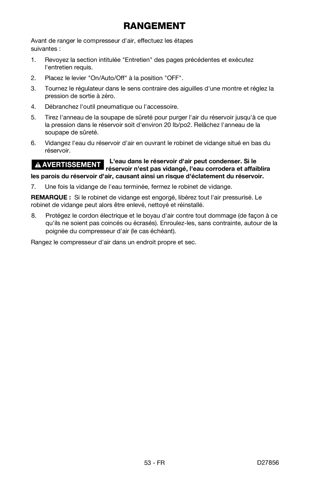 Porter-Cable CPFAC2600P instruction manual Rangement 