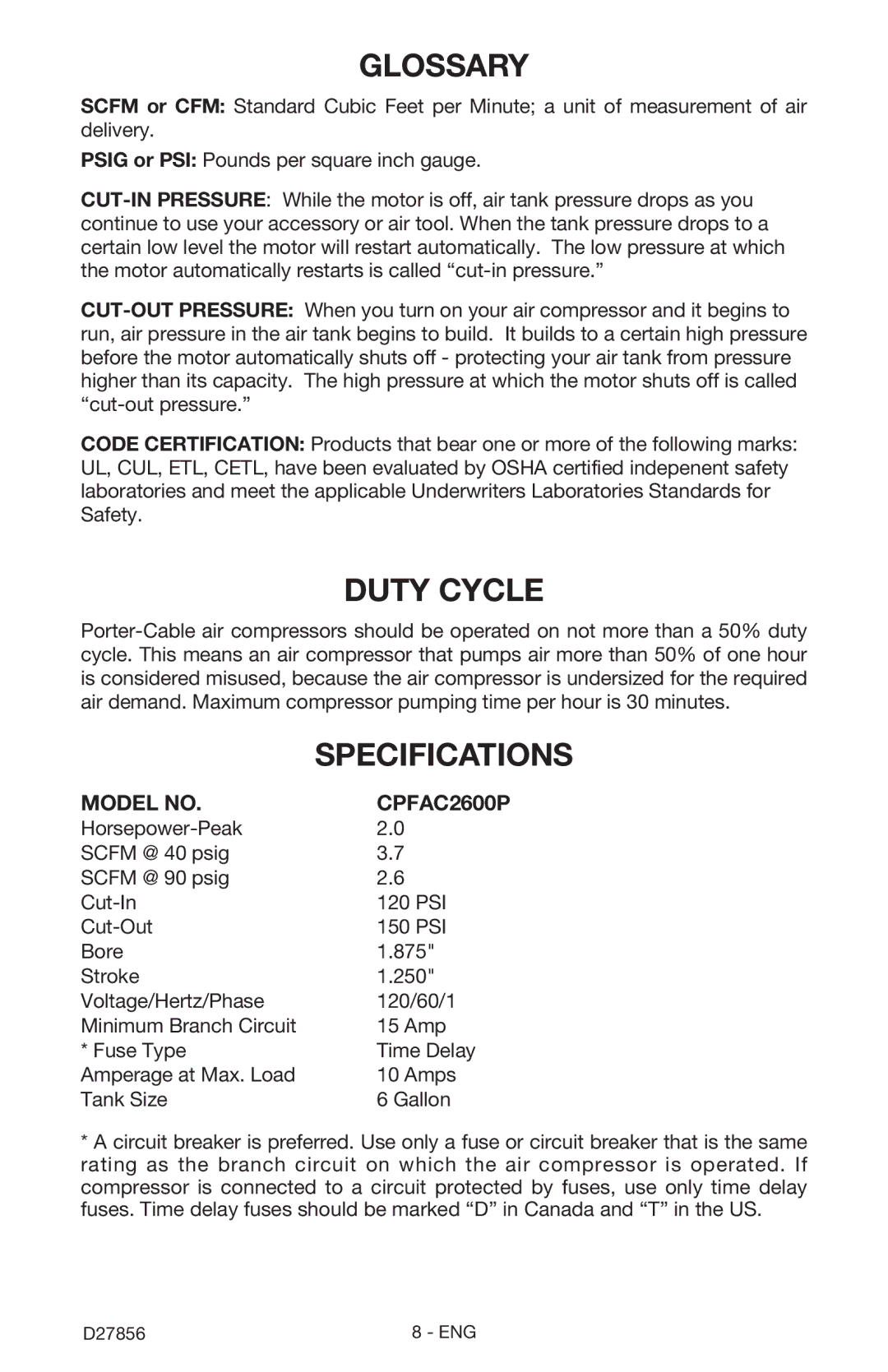 Porter-Cable instruction manual Glossary, Model no CPFAC2600P 