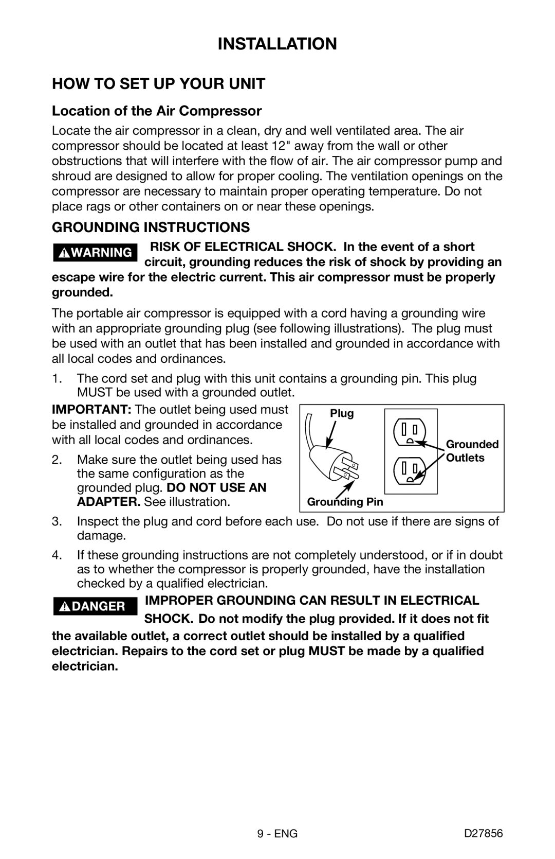 Porter-Cable CPFAC2600P instruction manual Installation, Location of the Air Compressor, Grounding Instructions 