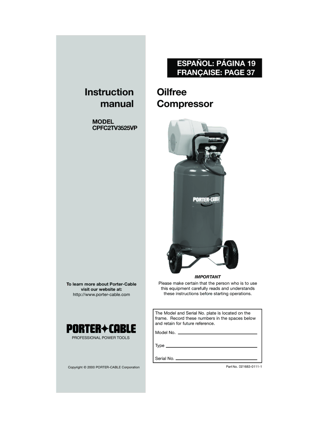 Porter-Cable CPFC2TV3525VP instruction manual Instruction Oilfree Manual Compressor 