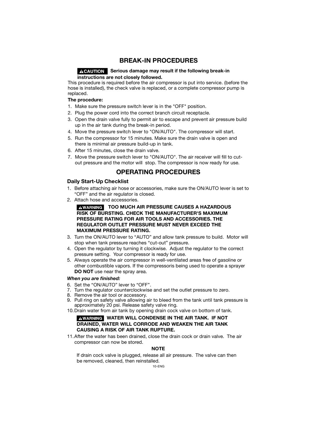 Porter-Cable CPFC2TV3525VP instruction manual BREAK-IN Procedures, Operating Procedures, Daily Start-Up Checklist 