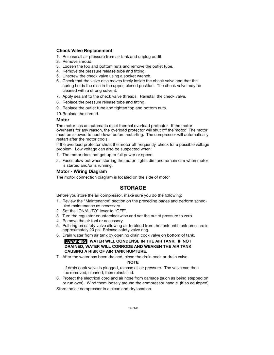 Porter-Cable CPFC2TV3525VP instruction manual Storage, Check Valve Replacement, Motor Wiring Diagram 