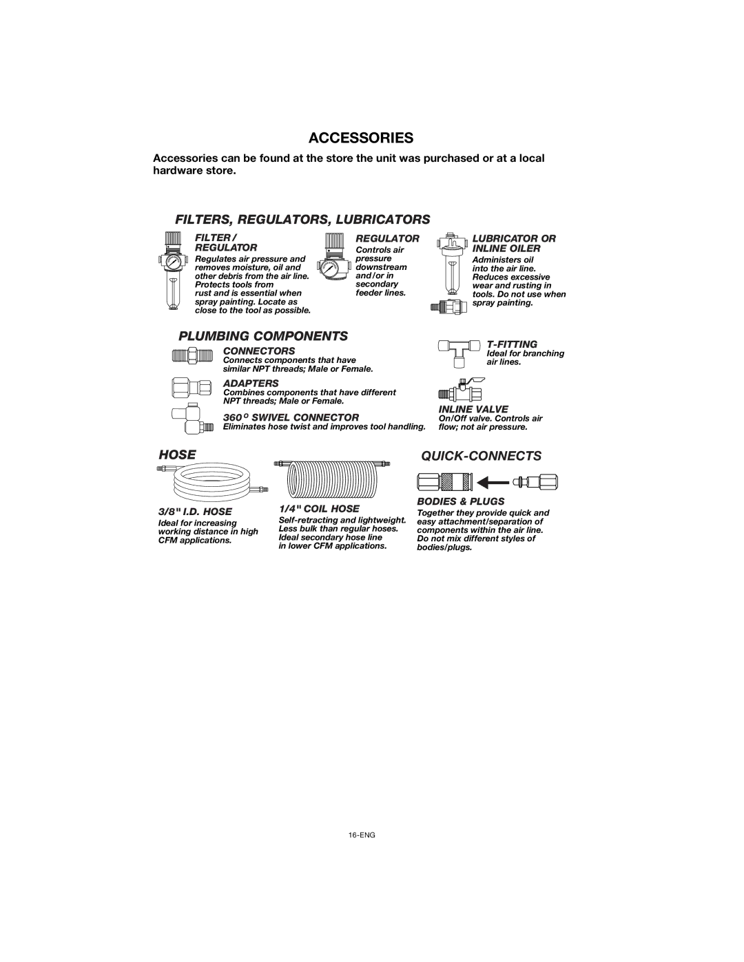 Porter-Cable CPFC2TV3525VP instruction manual Accessories, FILTERS, REGULATORS, Lubricators 