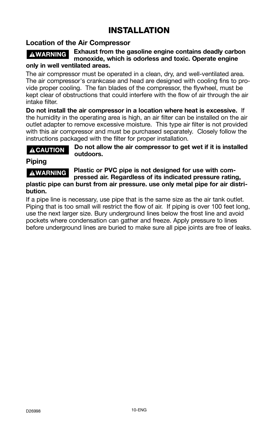 Porter-Cable CPL55GH8W instruction manual Installation, Location of the Air Compressor, Piping 