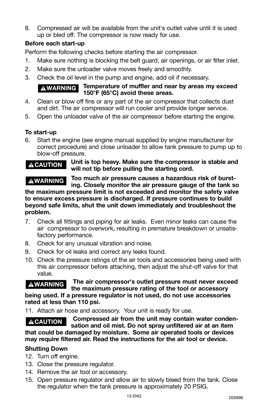 Porter-Cable CPL55GH8W instruction manual Before each start-up, To start-up 