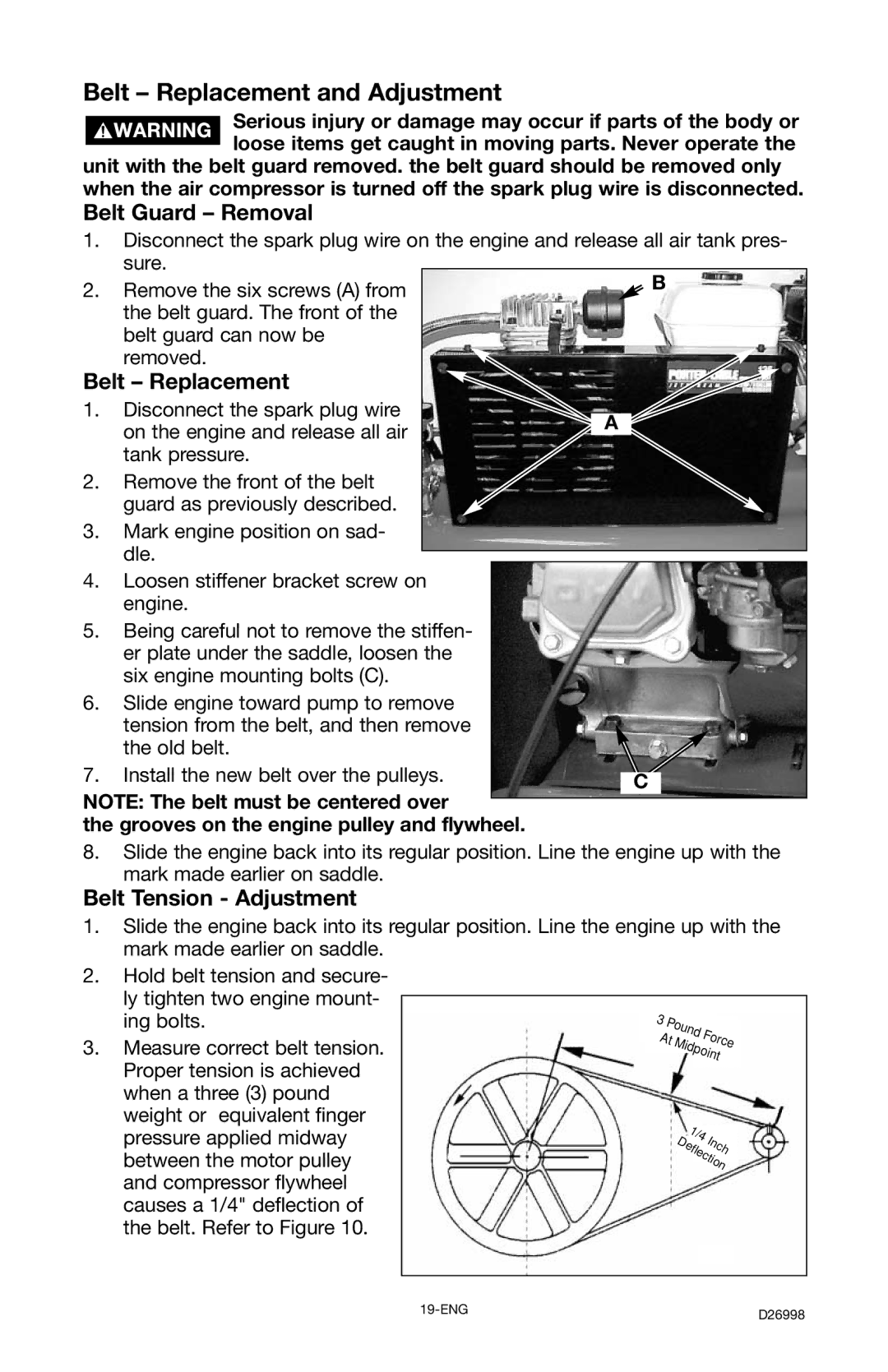 Porter-Cable CPL55GH8W instruction manual Belt Replacement and Adjustment, Belt Guard Removal, Belt Tension Adjustment 