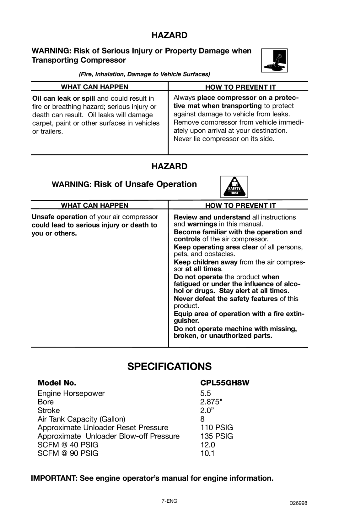 Porter-Cable CPL55GH8W instruction manual Specifications, Model No 