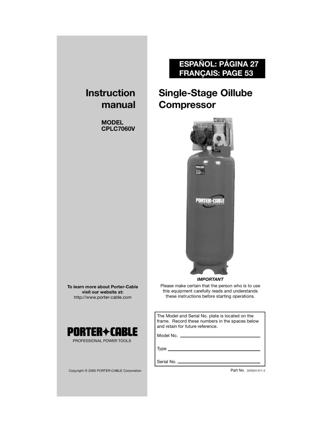 Porter-Cable CPLC7060V instruction manual Single-Stage Oillube 