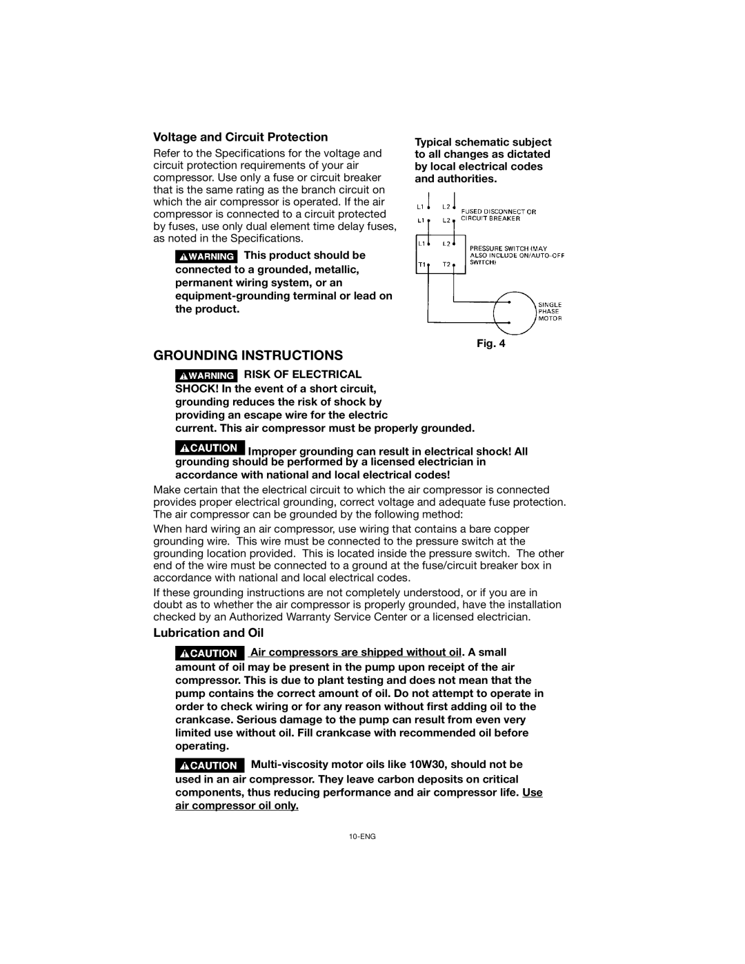 Porter-Cable CPLC7060V instruction manual Voltage and Circuit Protection, Lubrication and Oil 