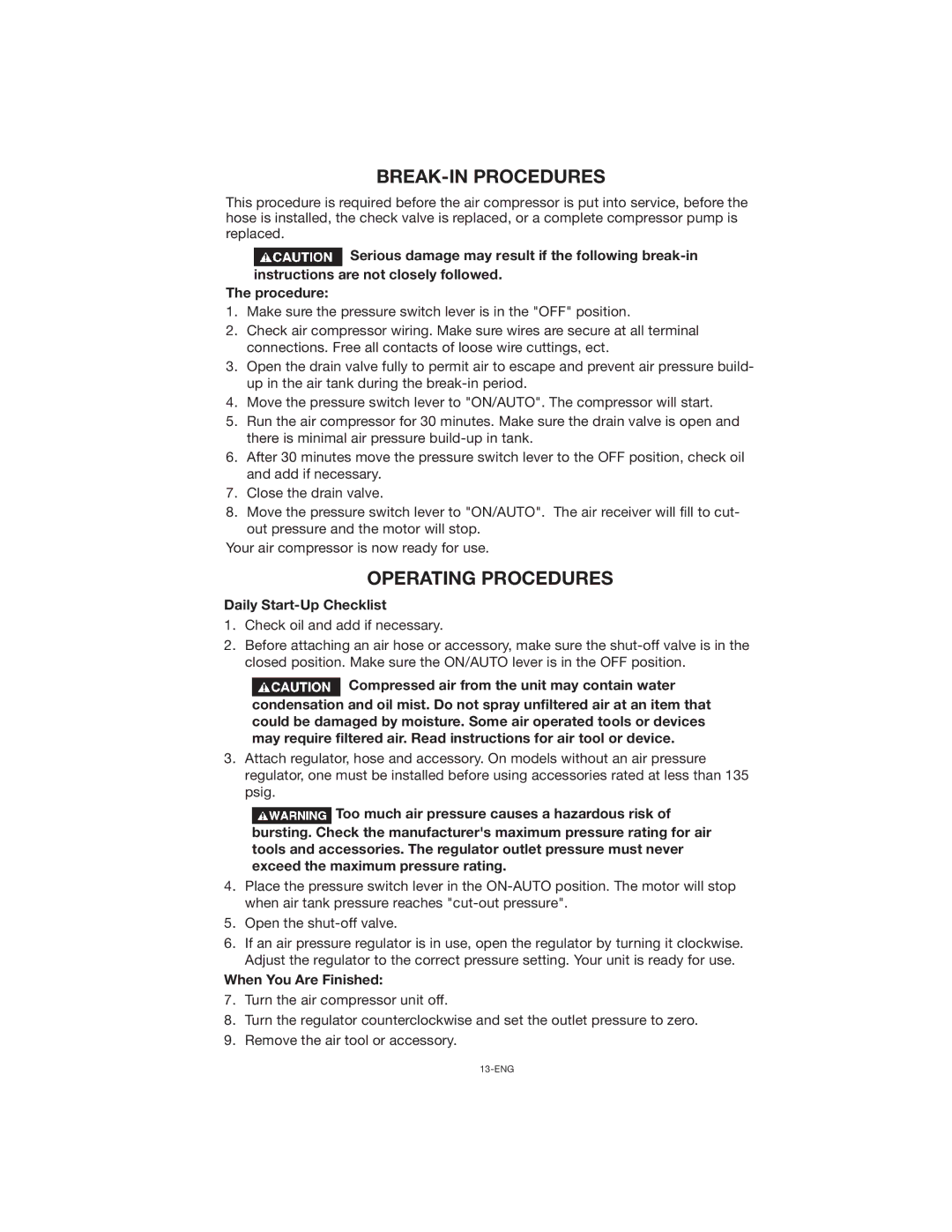 Porter-Cable CPLC7060V instruction manual BREAK-IN Procedures, Operating Procedures 