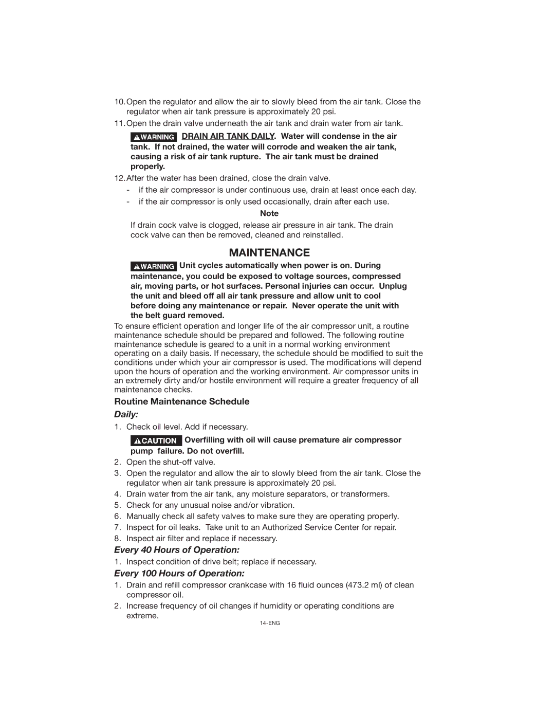 Porter-Cable CPLC7060V instruction manual Routine Maintenance Schedule 