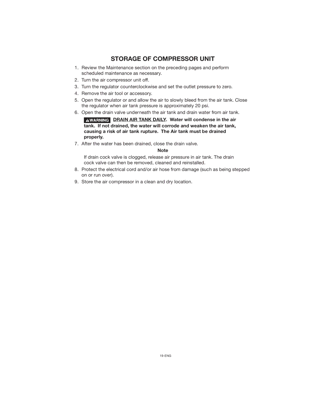 Porter-Cable CPLC7060V instruction manual Storage of Compressor Unit 