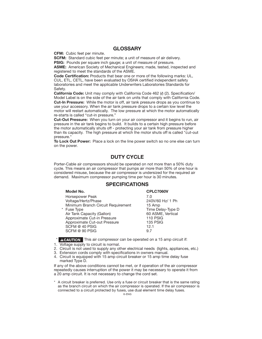 Porter-Cable CPLC7060V instruction manual Glossary, Duty Cycle, Specifications 