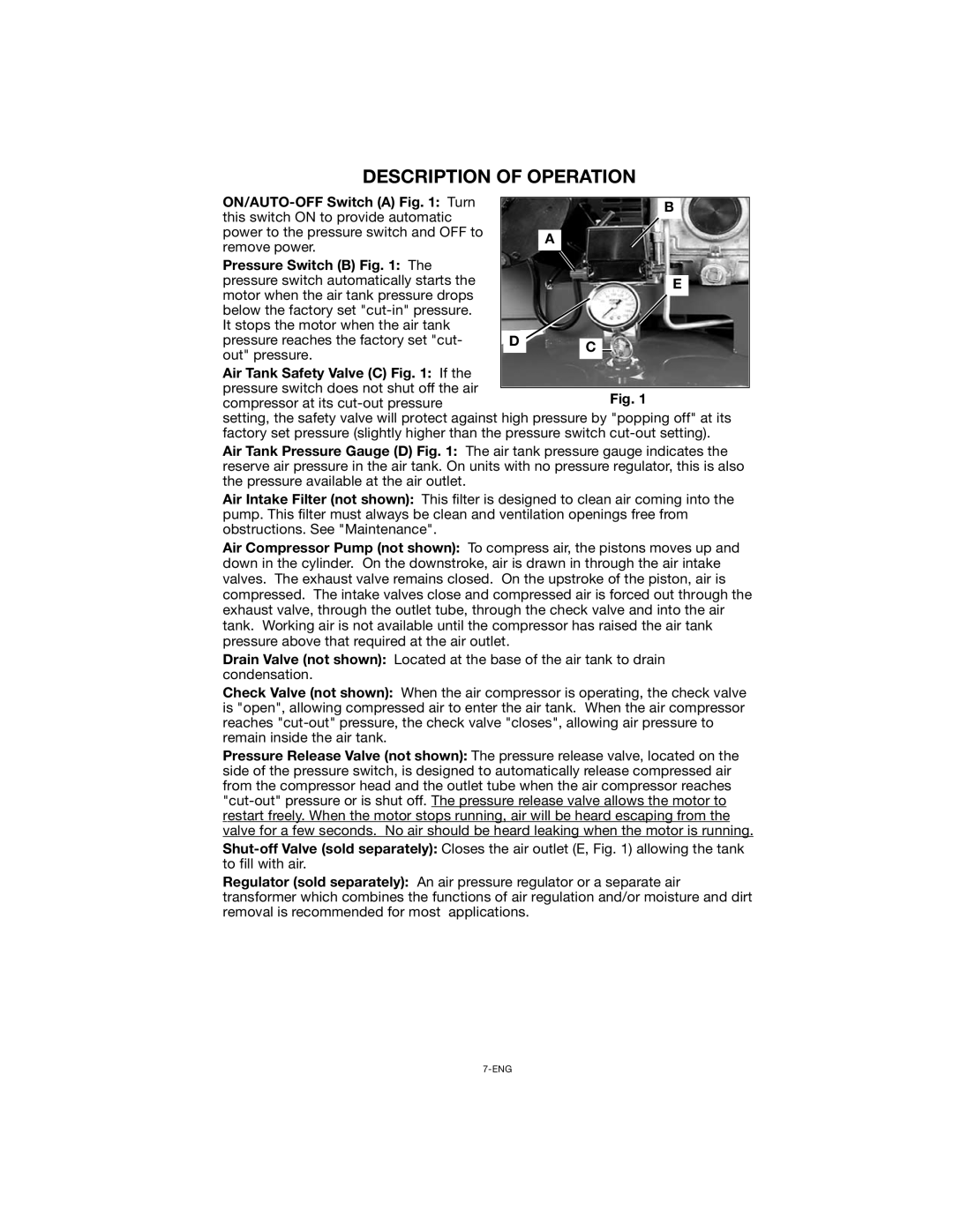 Porter-Cable CPLC7060V instruction manual Description of Operation, Pressure Switch B 