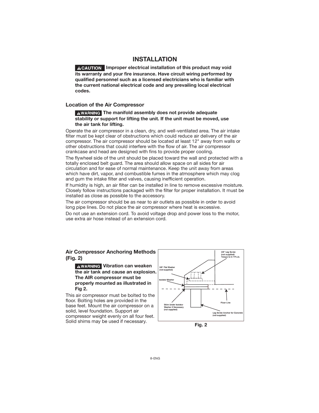 Porter-Cable CPLC7060V Installation, Location of the Air Compressor, Air Compressor Anchoring Methods Fig 