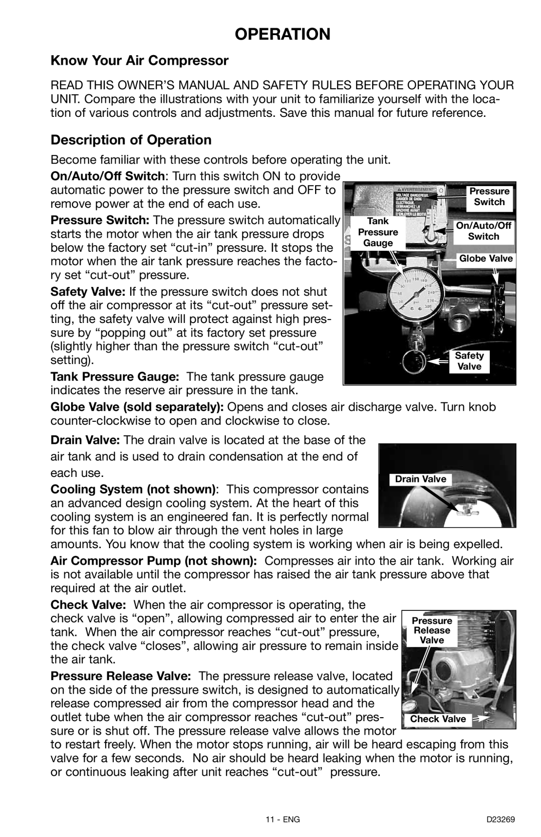 Porter-Cable CPLC7060V instruction manual Know Your Air Compressor Description of Operation 