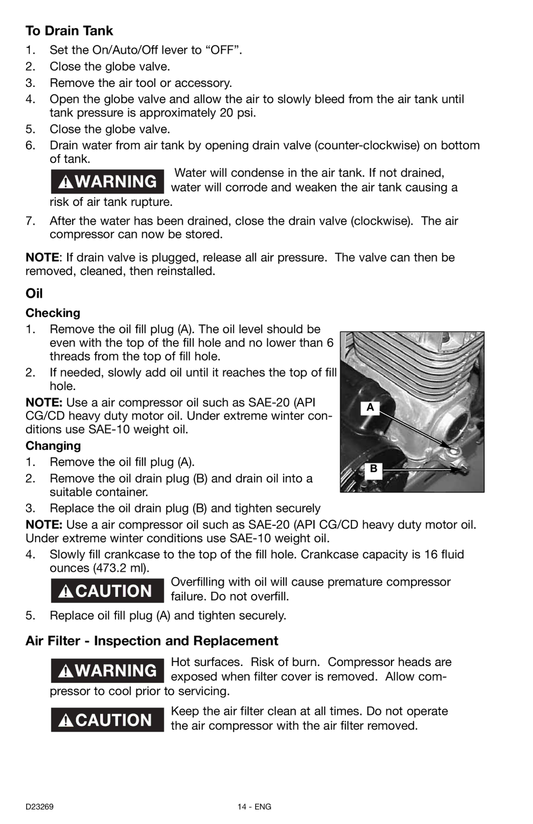 Porter-Cable CPLC7060V instruction manual To Drain Tank, Oil, Air Filter Inspection and Replacement 