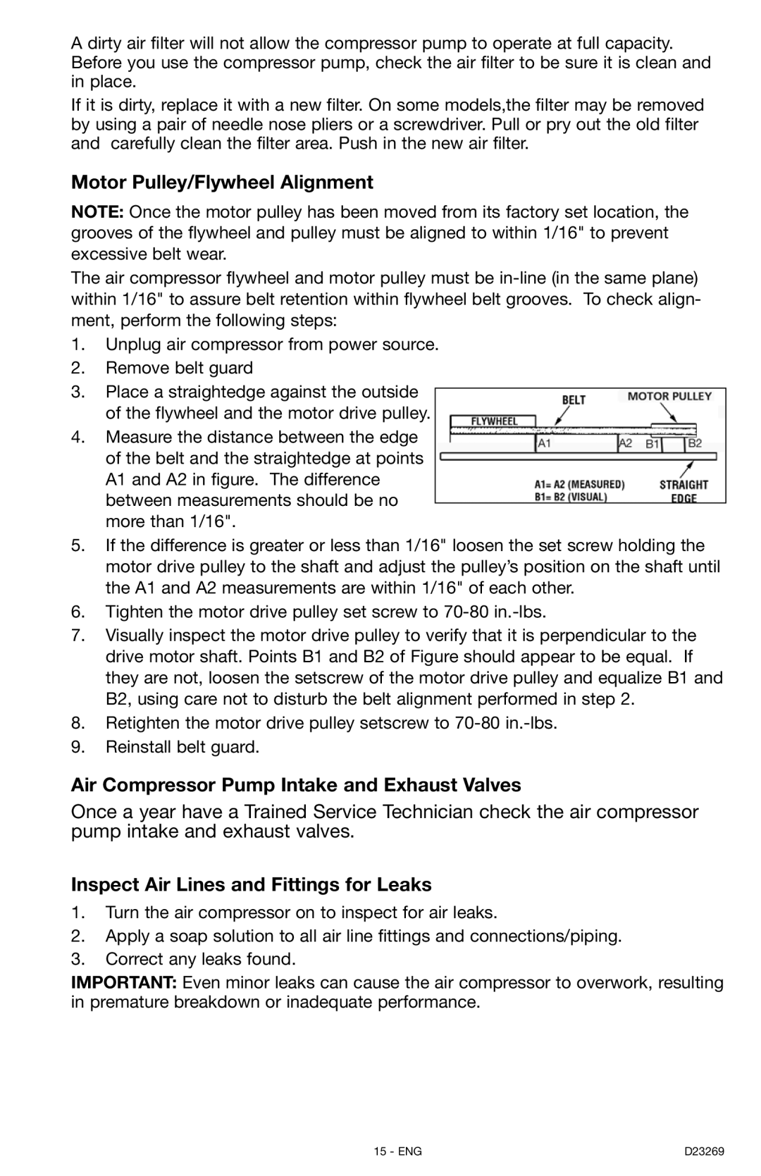 Porter-Cable CPLC7060V instruction manual Motor Pulley/Flywheel Alignment, Air Compressor Pump Intake and Exhaust Valves 