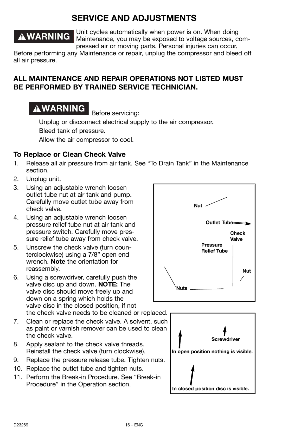 Porter-Cable CPLC7060V instruction manual Service and Adjustments, To Replace or Clean Check Valve 