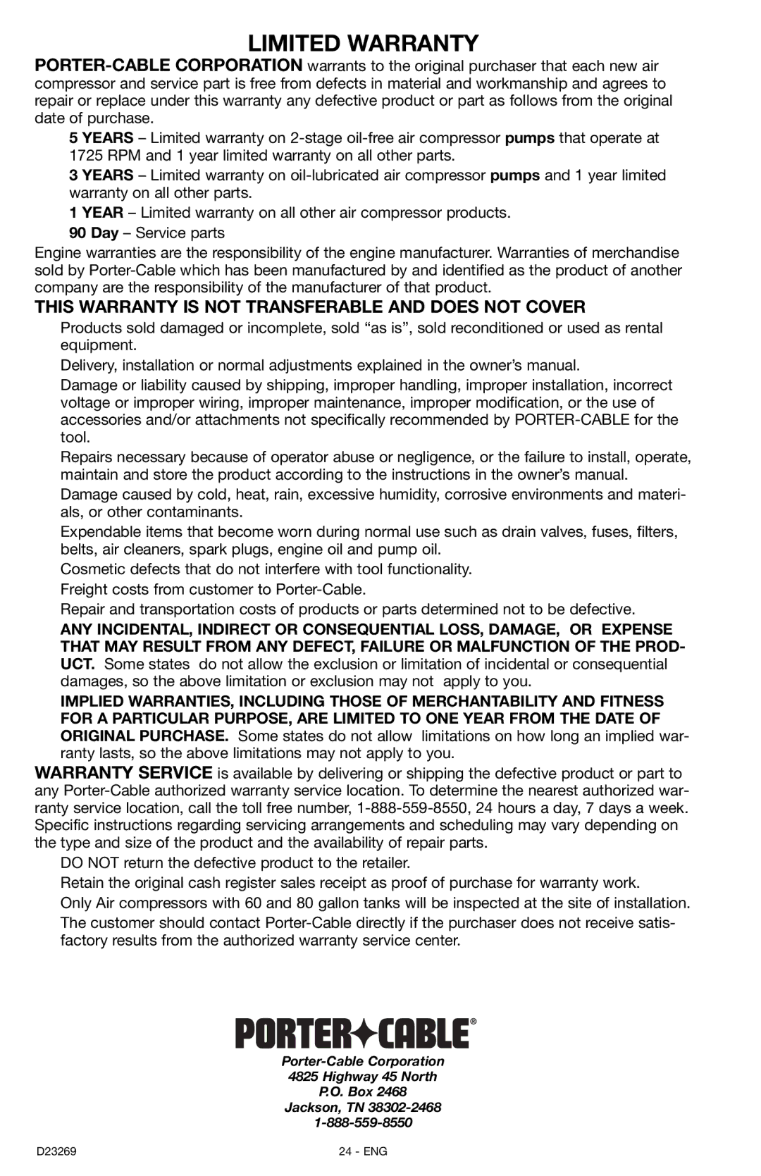 Porter-Cable CPLC7060V instruction manual Limited Warranty, This Warranty is not Transferable and does not Cover 