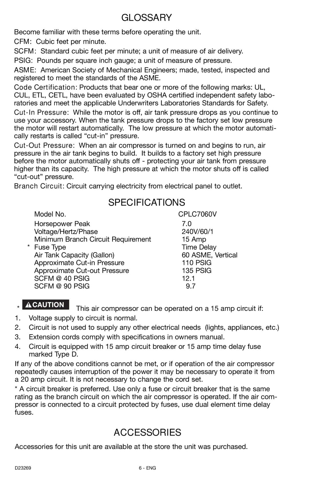 Porter-Cable CPLC7060V instruction manual Glossary, Specifications, Accessories 