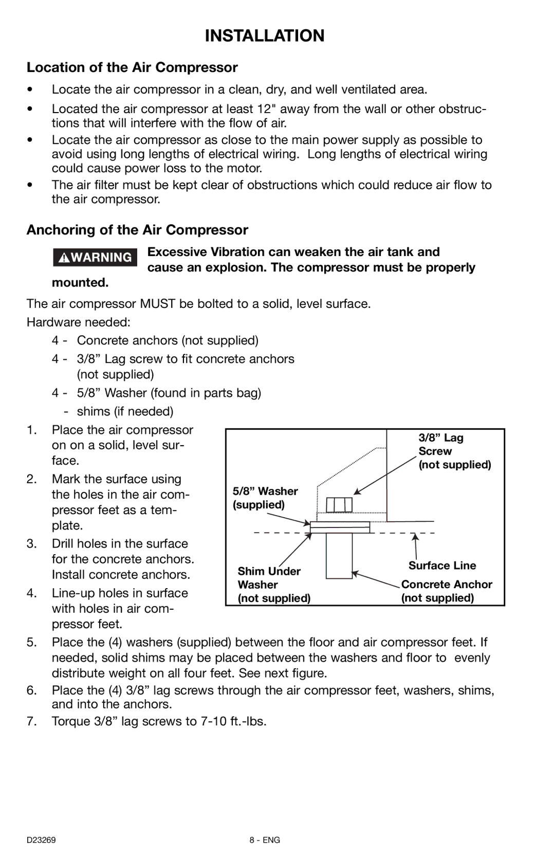 Porter-Cable CPLC7060V instruction manual Installation, Location of the Air Compressor, Anchoring of the Air Compressor 