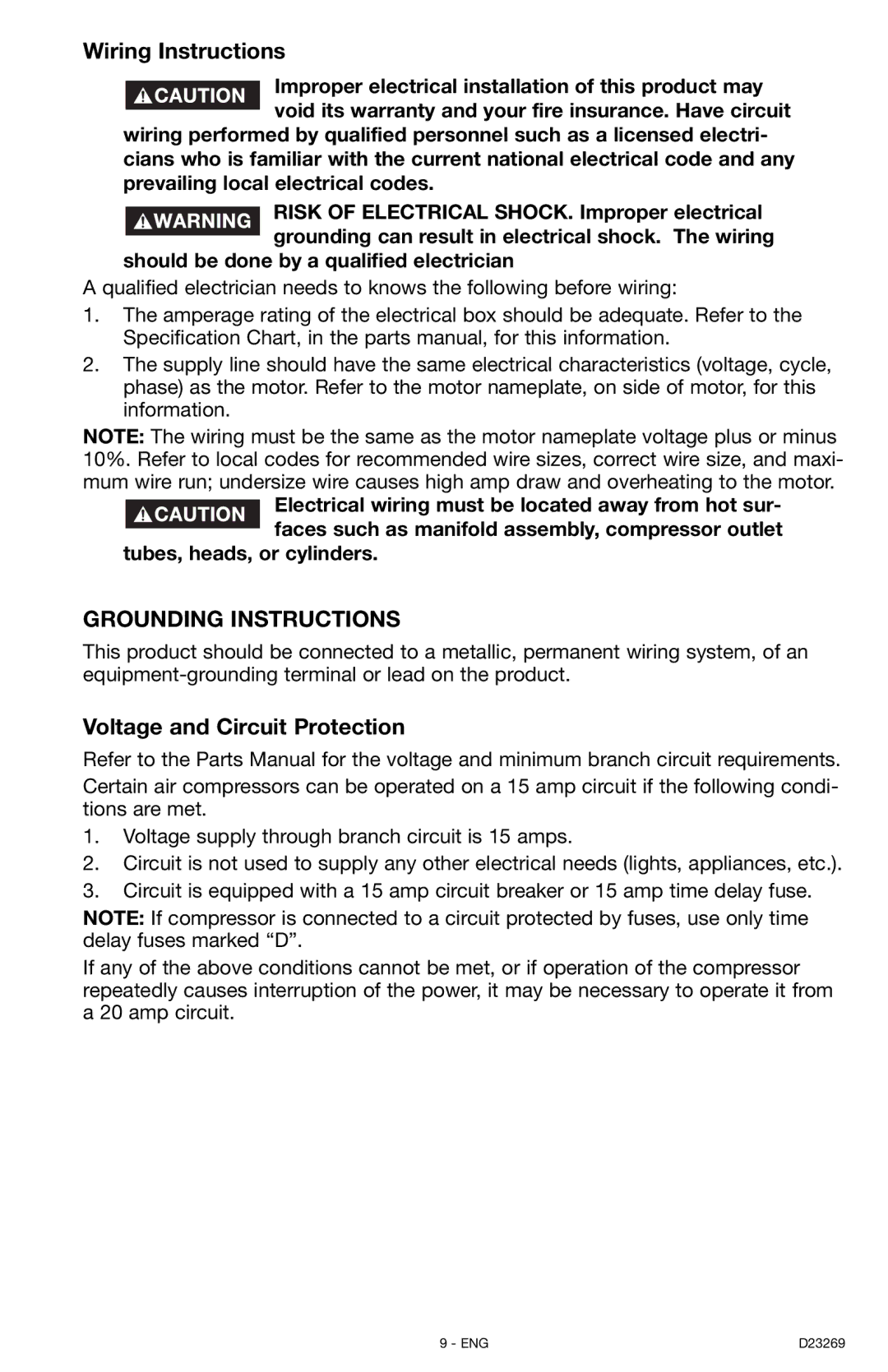 Porter-Cable CPLC7060V instruction manual Wiring Instructions, Voltage and Circuit Protection 