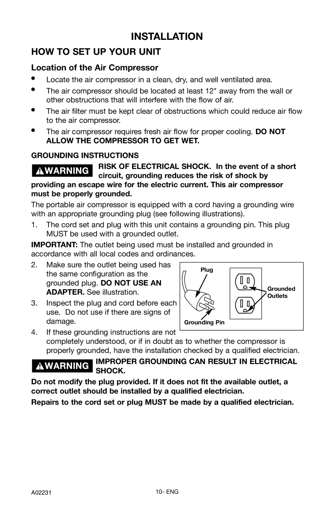 Porter-Cable CPLDC2540P Installation, Location of the Air Compressor, Improper Grounding can Result in Electrical Shock 