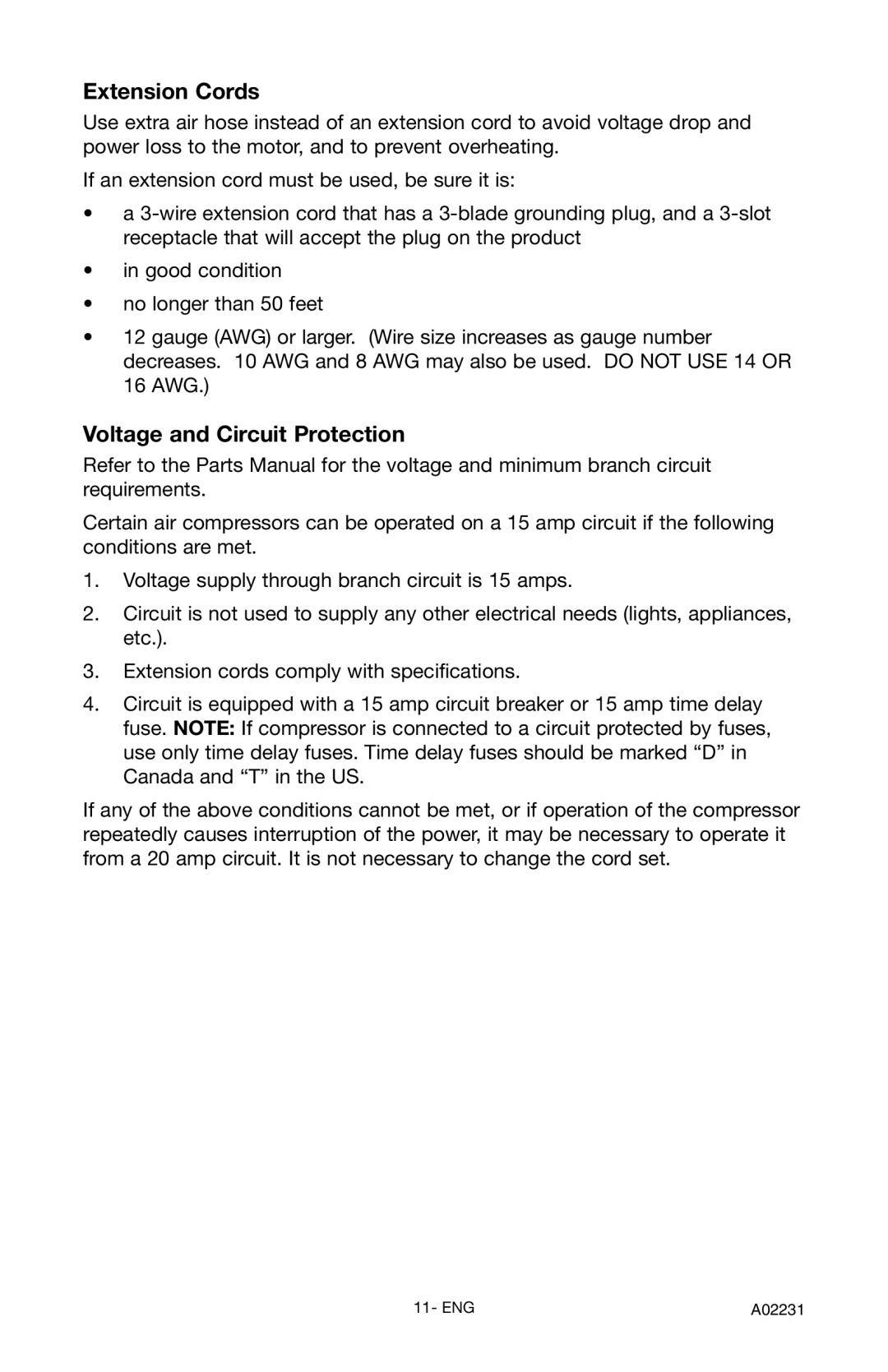 Porter-Cable CPLDC2540P instruction manual Extension Cords, Voltage and Circuit Protection 