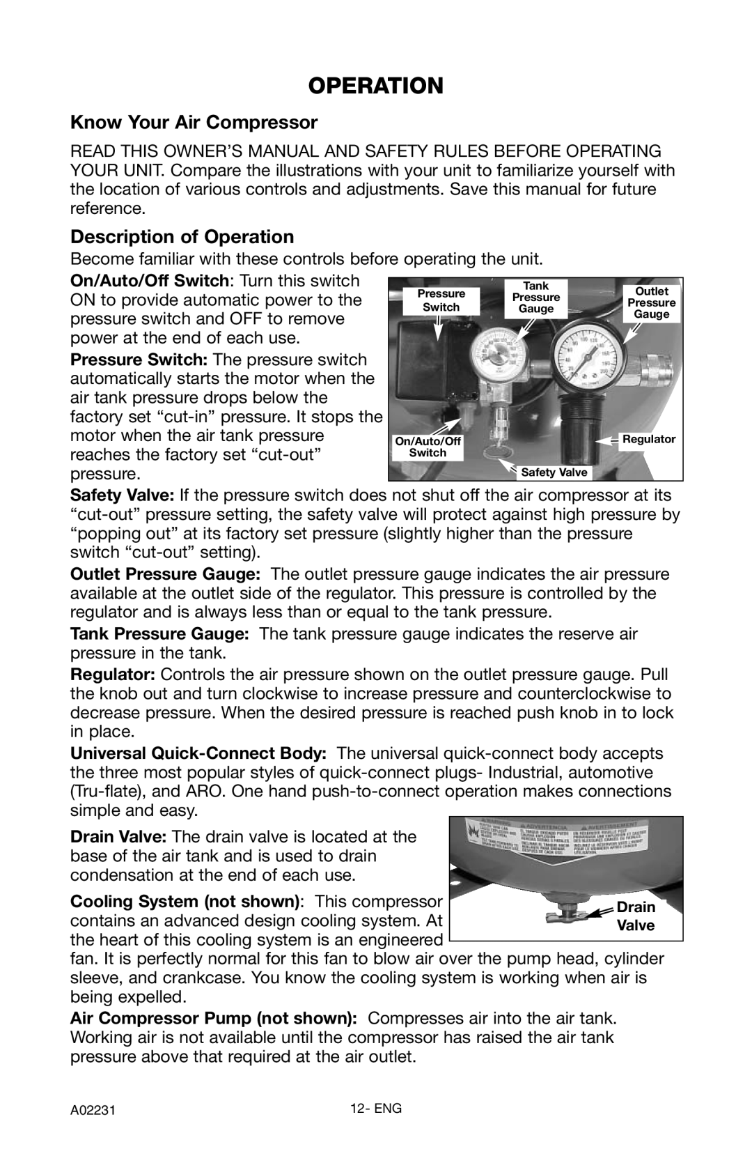 Porter-Cable CPLDC2540P instruction manual Know Your Air Compressor Description of Operation 