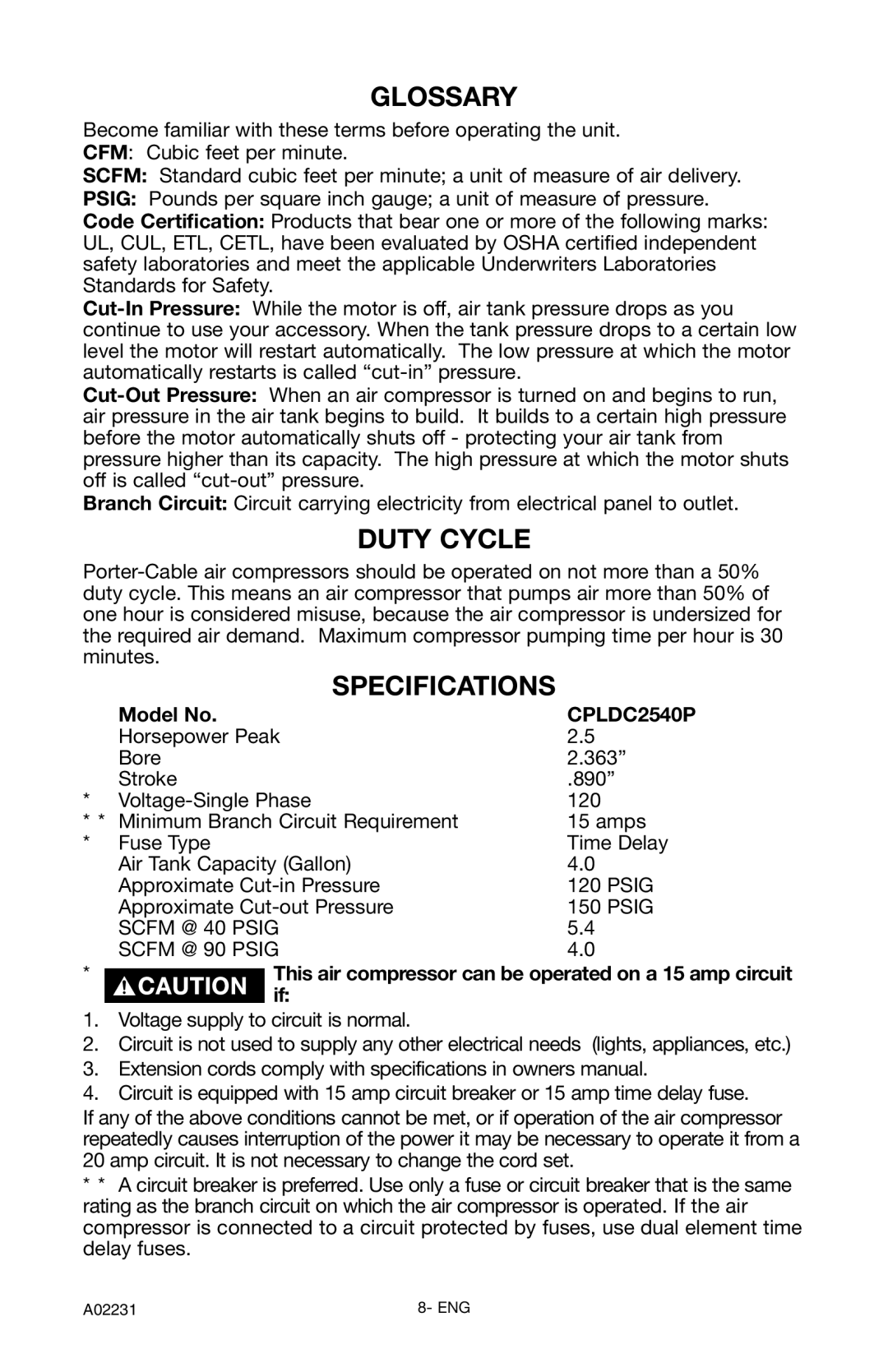 Porter-Cable CPLDC2540P instruction manual Glossary, Duty Cycle, Specifications 