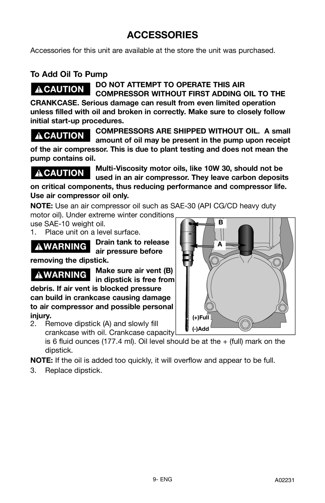 Porter-Cable CPLDC2540P instruction manual Accessories, To Add Oil To Pump 