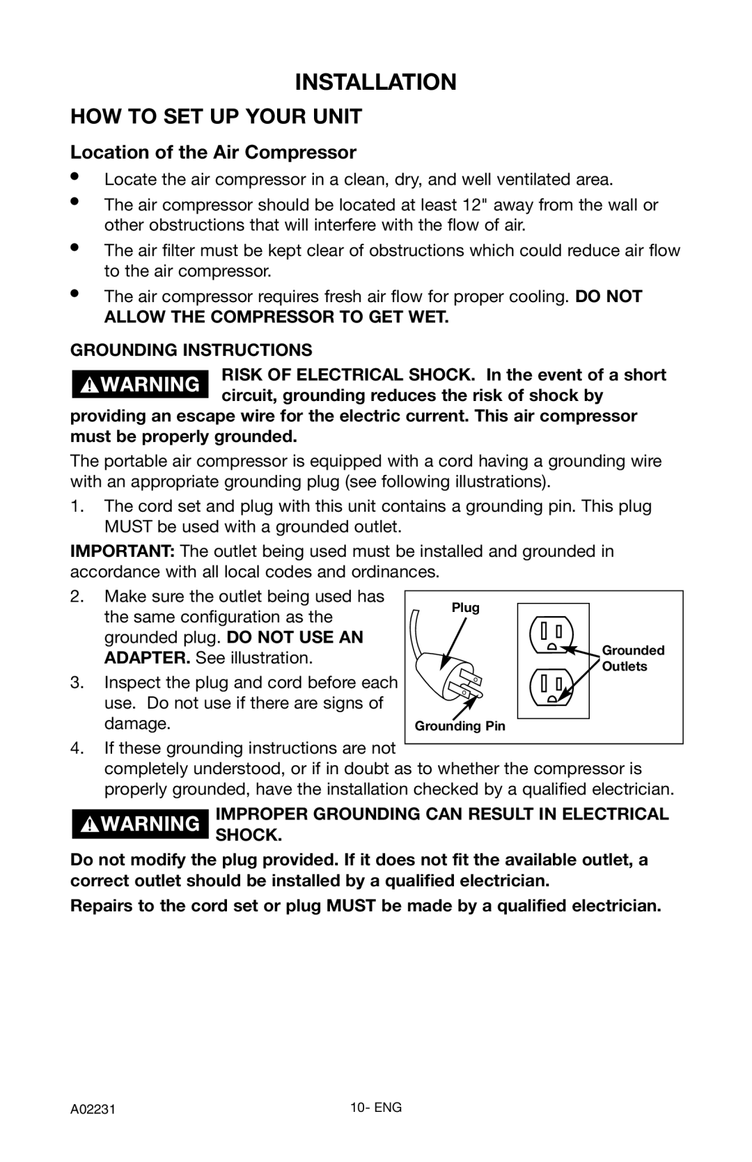 Porter-Cable CPLDC2540P instruction manual Installation, How To Set Up Your Unit, Location of the Air Compressor 