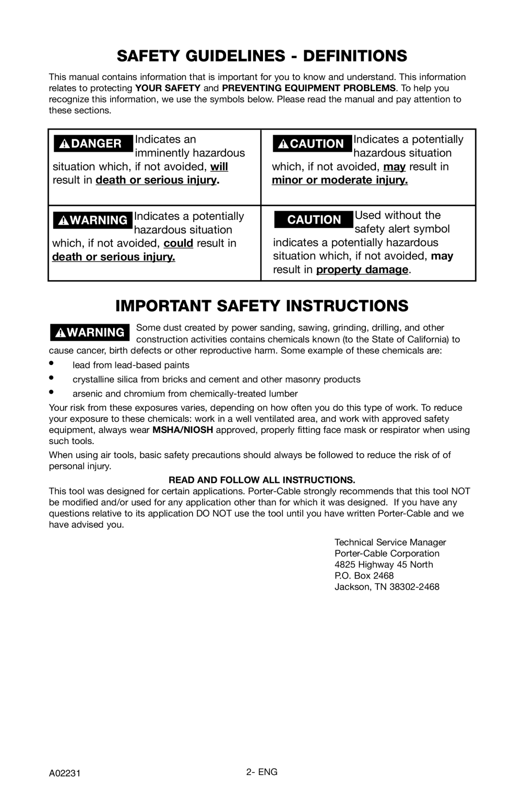 Porter-Cable CPLDC2540P Safety Guidelines - Definitions, Important Safety Instructions, result in death or serious injury 