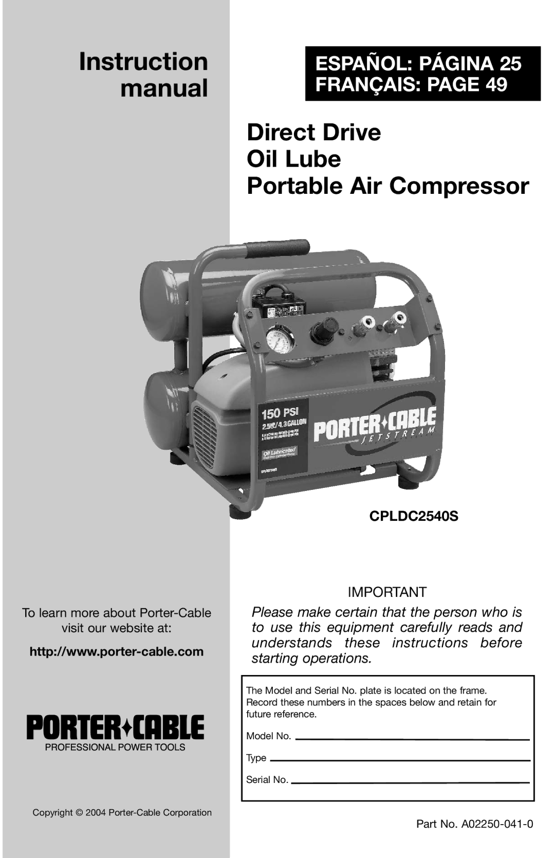 Porter-Cable CPLDC2540S instruction manual Manual 