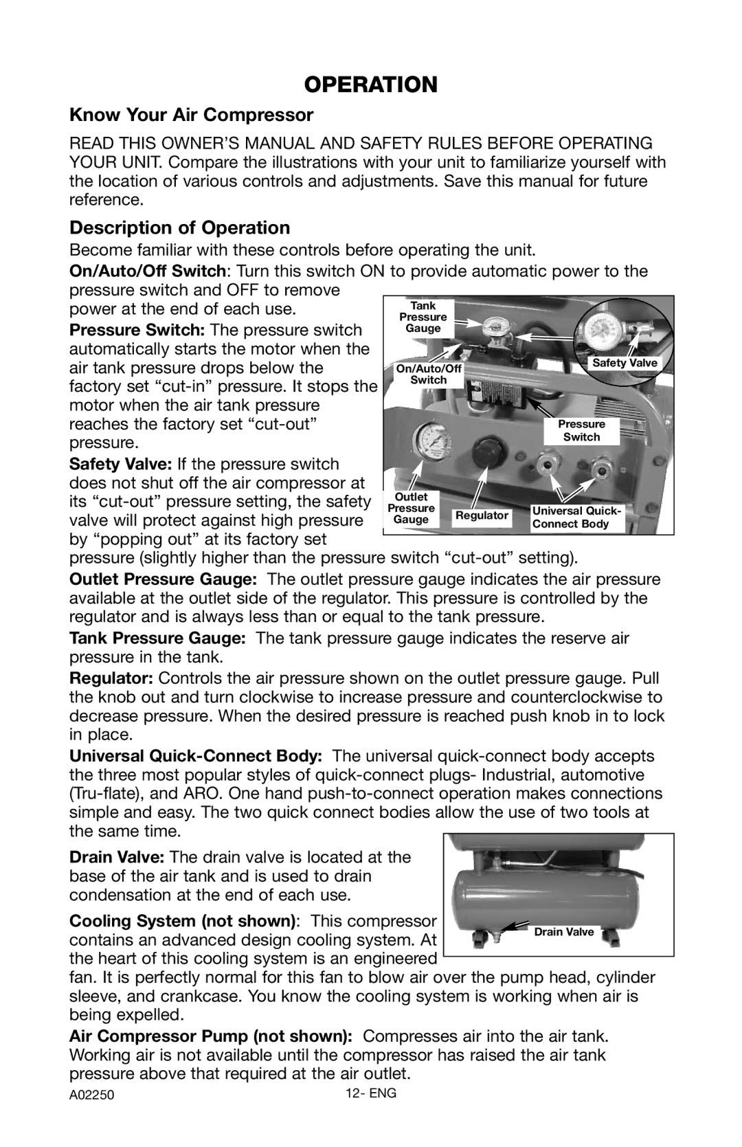 Porter-Cable CPLDC2540S instruction manual Know Your Air Compressor Description of Operation 