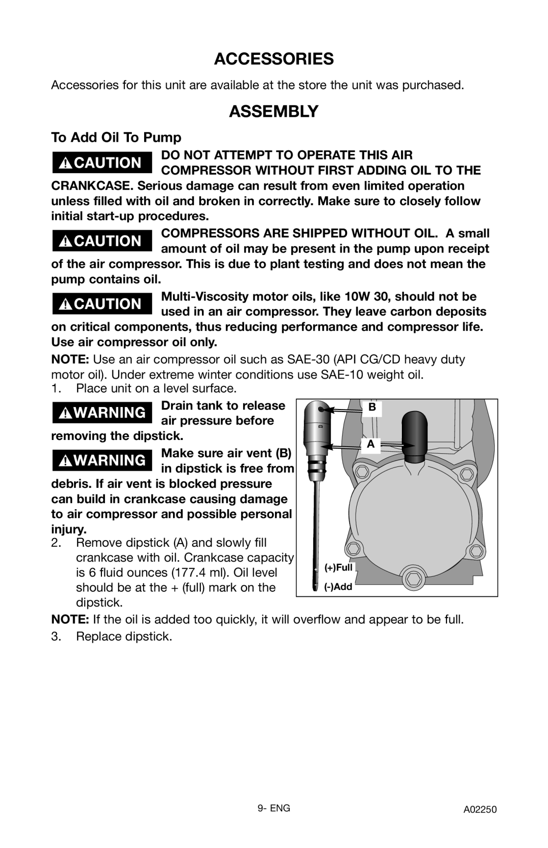 Porter-Cable CPLDC2540S instruction manual Accessories, Assembly, To Add Oil To Pump 