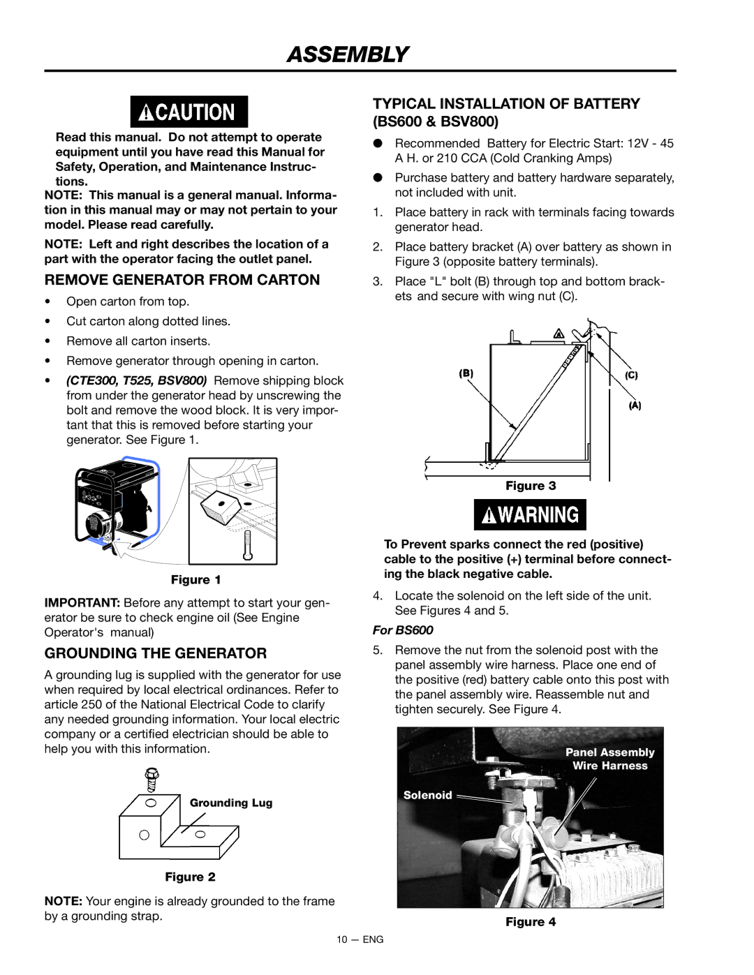 Porter-Cable T525, CTE300 instruction manual Assembly, Remove Generator from Carton, Grounding the Generator, For BS600 