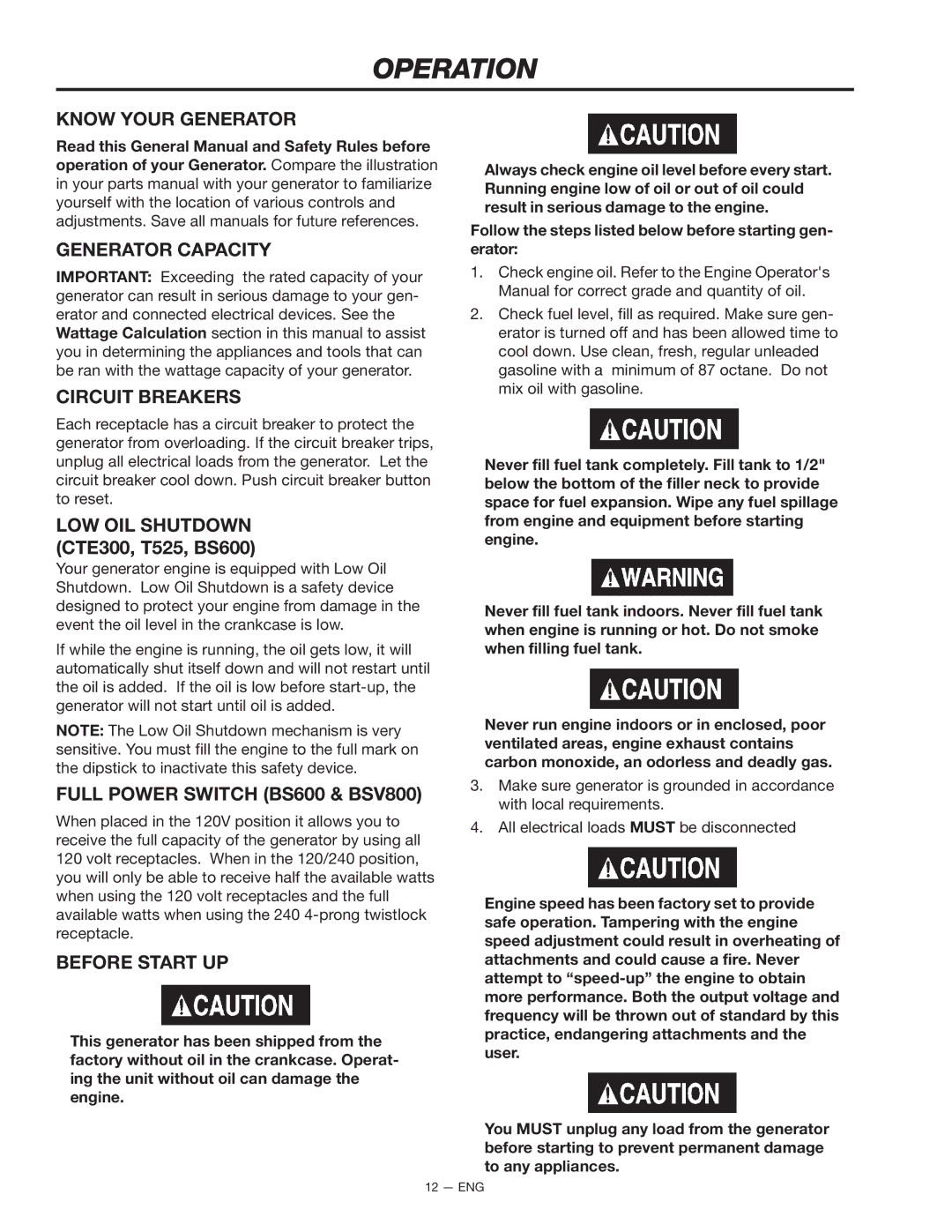 Porter-Cable CTE300, T525, BS600 instruction manual Operation 