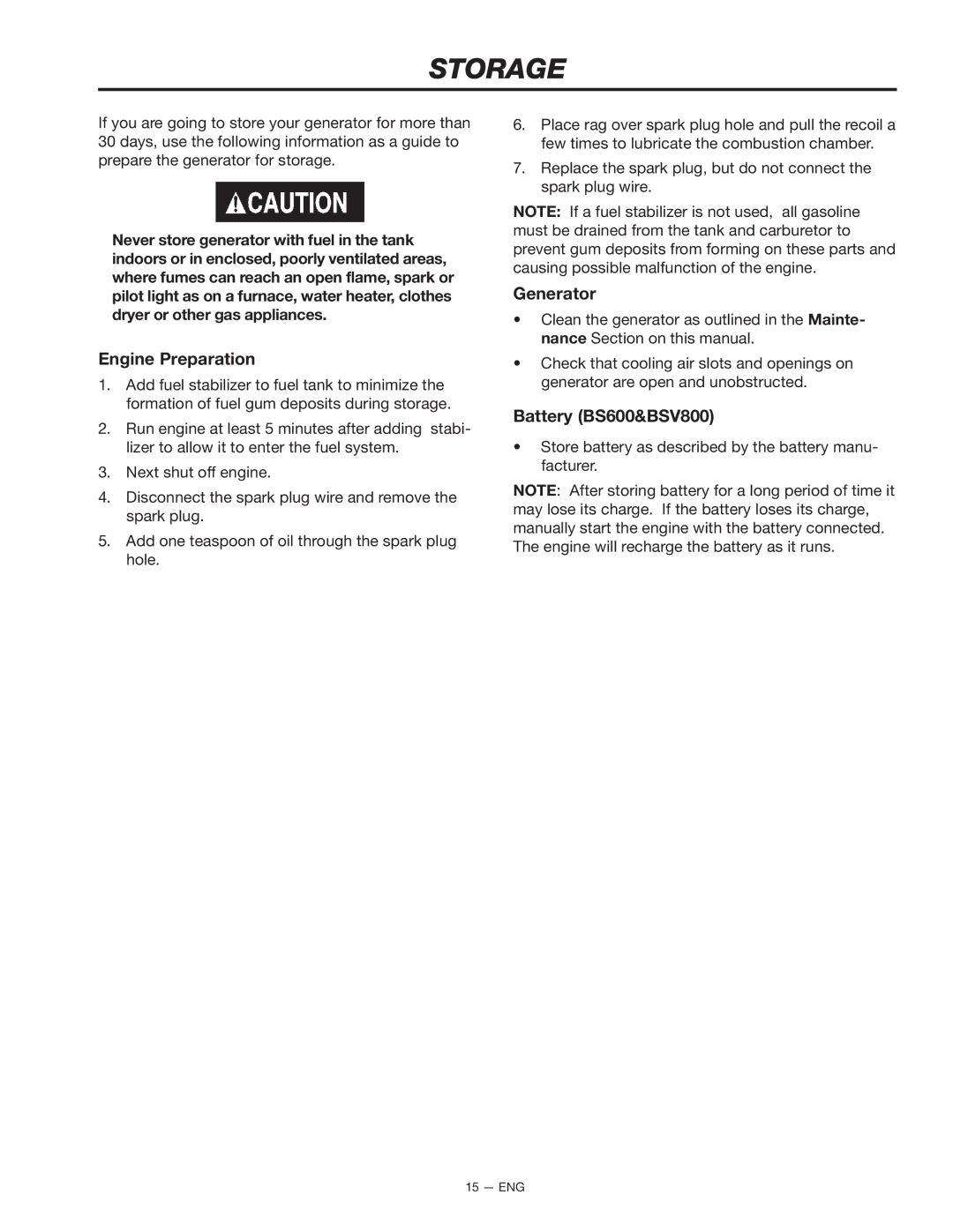 Porter-Cable CTE300, T525, BS600 instruction manual Storage, Engine Preparation 