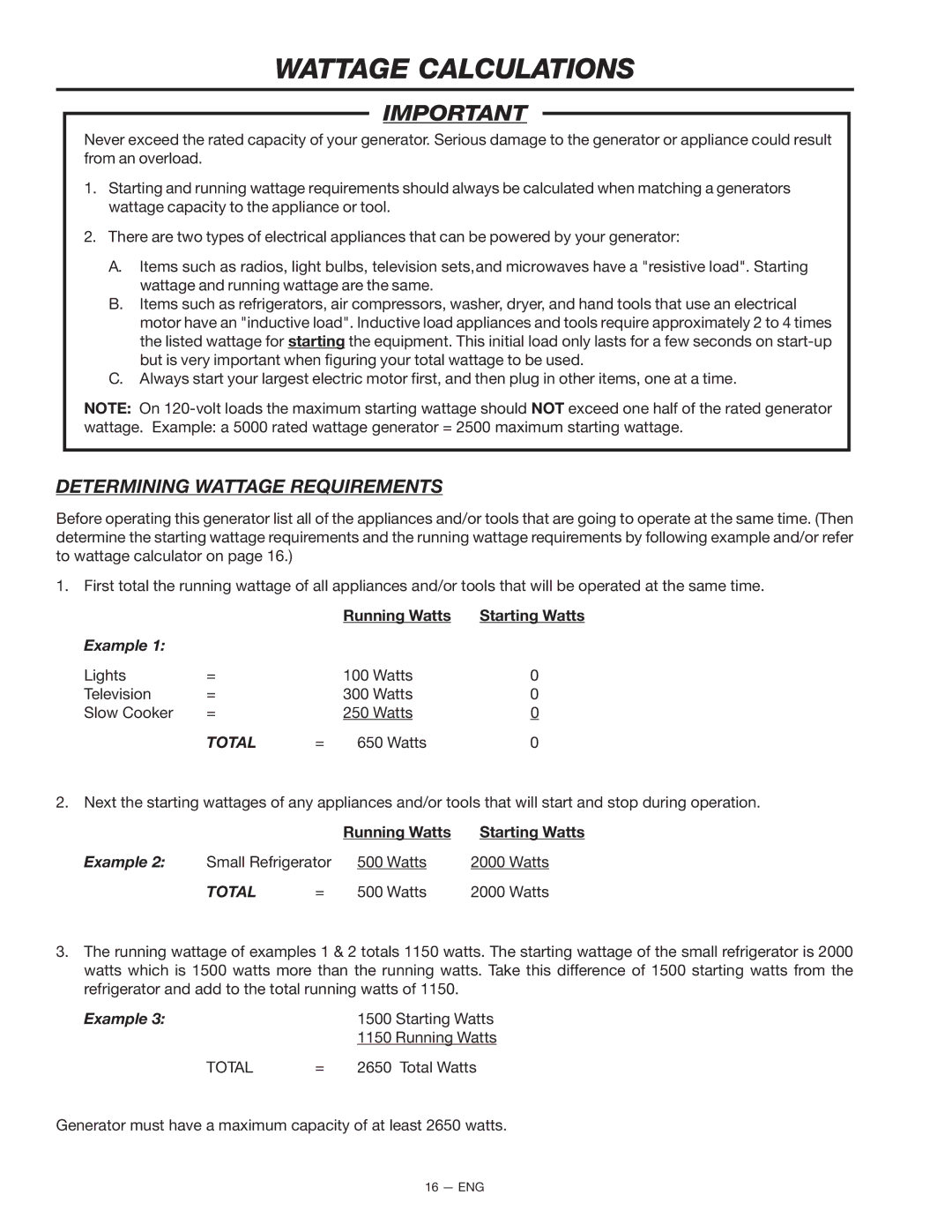 Porter-Cable T525, CTE300, BS600 instruction manual Wattage Calculations, Running Watts Starting Watts, Example 