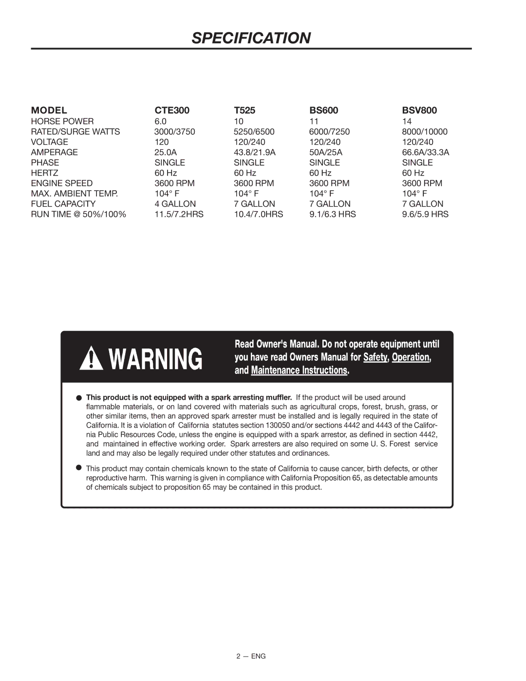 Porter-Cable BS600, CTE300, T525 instruction manual Specification, Model 