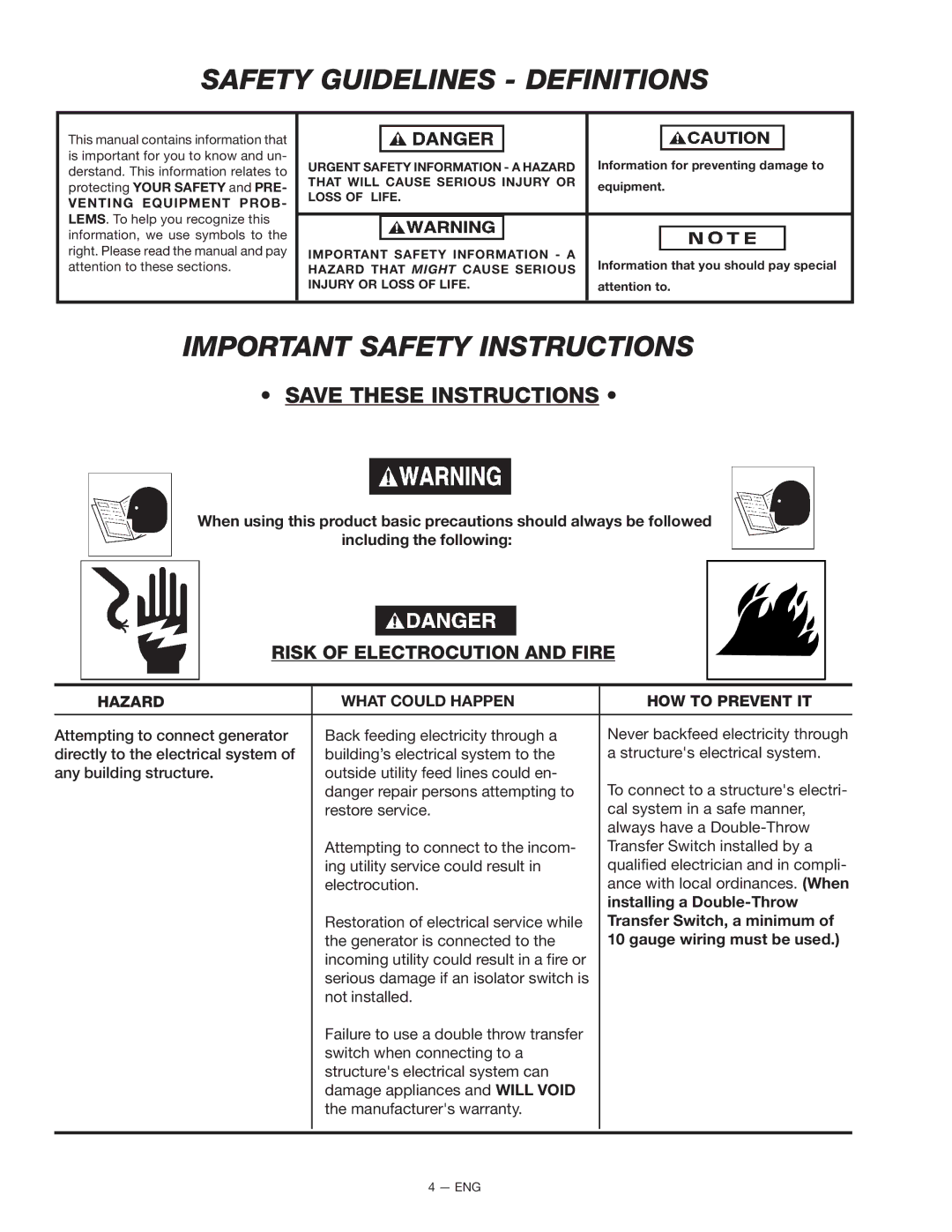 Porter-Cable T525, CTE300 Safety Guidelines Definitions, Important Safety Instructions, Risk of Electrocution and Fire 